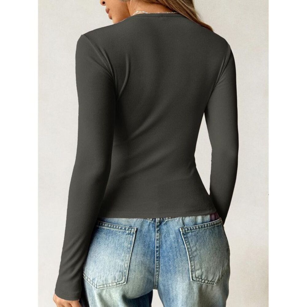 Everyday the Label Ribbed Knit Long Sleeve T-Shirt Women Dark Gray T-Shirts - Picture 3 of 3